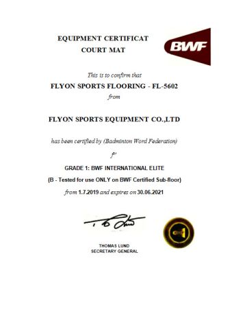 BWF certificate from Shenzhen Flyon Sports Co., Ltd.