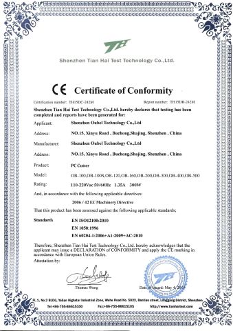 CE of PCB Cutter certificate from Shenzhen Oubel Technology Co., Ltd.