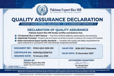 Quality Assurance Declaration certificate from Pakistan Rice Mill
