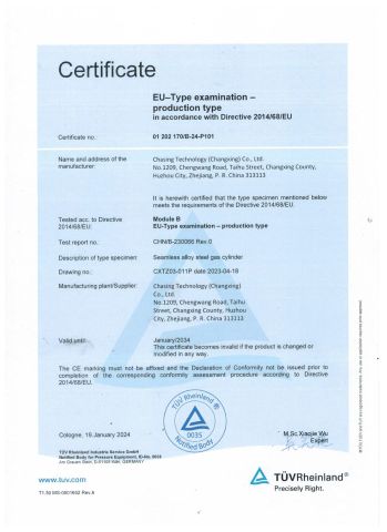PED certificate from Chasing Technology(Changxing) Co., Ltd