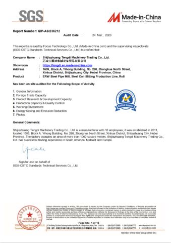 SGS-certified certificate of Shijiazhuang Tengdi Machinery Co., Ltd. – certificate photo, supplier certificates section