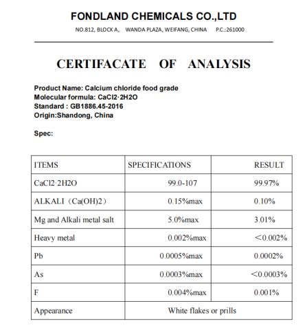 COA certificate of FONDLAND CHEMICALS CO., LTD. – certificate photo, supplier certificates section