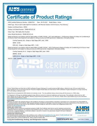 AHRI certificate from ZERO TECHNOLOGIES CO., LTD.