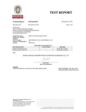 BV Test Report certificate from Dongguan New Coo Garment Accessories Co., Ltd