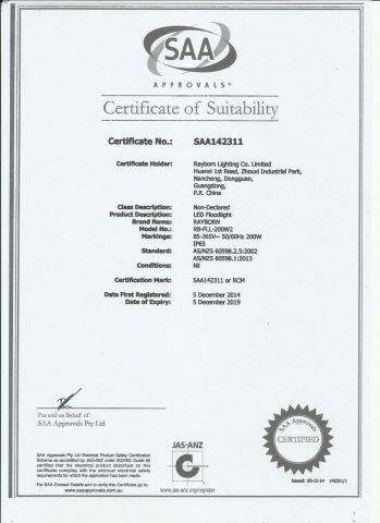 LED Flood Light certificate from Rayborn Lighting Industry Co., Ltd.