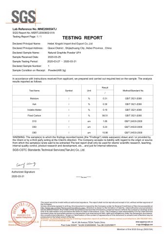 SGS for Graphite powder certificate of Hebei Xingshi New Material Technology Co., Ltd – certificate photo, supplier certificates section