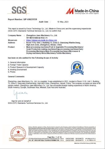 SGS certificate of Zhengzhou Jawo Machinery Co., Ltd. – certificate photo, supplier certificates section