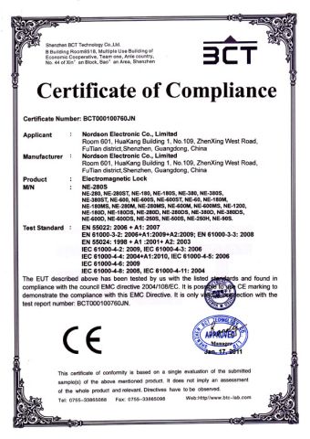 Magnetic Lock-CE certificate from Shenzhen Nordson Electronic Co., Ltd.