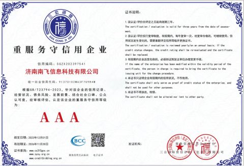 Emphasize service and abide by credit for enterprises certificate from Jinan Nanfei Information Technology Co., Ltd.