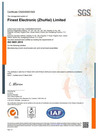 ISO9001 certificate from Finest Printed Circuit Board Ltd.