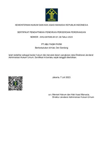 Akta Pendirian Perusahaan certificate from PT Abu Faqih Farm