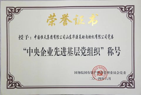 The State Council Award certificate from Shandong Huayuan Laidong Engine Co., Ltd.