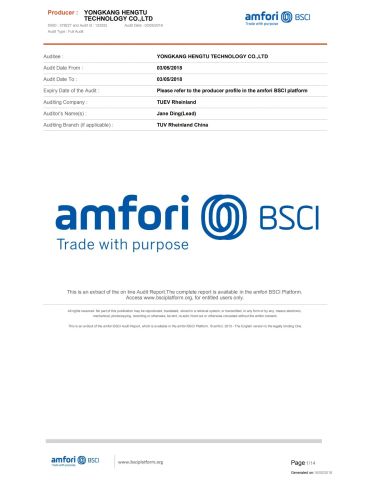 BSCI certificate of YONGKANG HENGTU TECHNOLOGY CO., LTD. – certificate photo, supplier certificates section