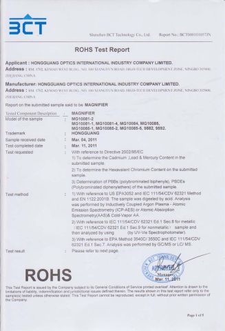 Report for RoHS certificate from Ningbo Hongbo Optical Instrument Co., Ltd.