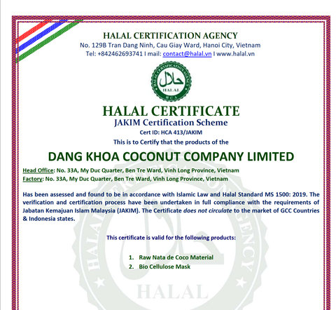 HALAH certificate from Dang Khoa Coconut Company Limited