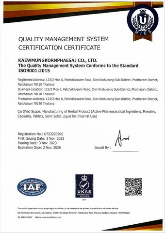 ISO 9001:2015 certificate from KAEWMUNGKORNPHAESAJ CO., LTD.