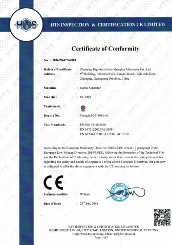 CE certificate from Guangdong Shenghui Machinery Co., Ltd