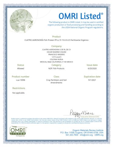 OMRI certificate of Fish protein hydrolysate fertilizer certificate from Shenzhen Taier Biotechnology Co., Ltd.