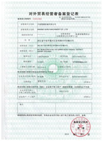 license certificate from Ningbo Surui Machinery Co., Ltd.