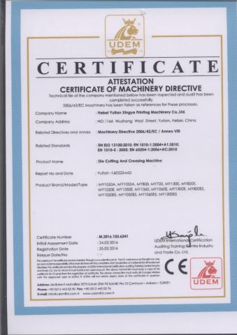 CE for automatic die cutting machine certificate of Shanghai UPG International Industry and Trade Group Co., Ltd. – certificate photo, supplier certificates section