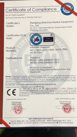 CE certificate for inflatable life jacket certificate from Zhenjiang Matchau Marine Equipment Co., Ltd.