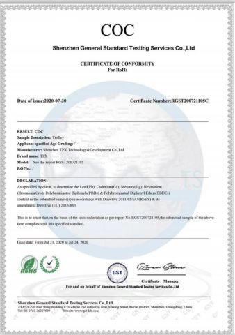 ROHS certificate from SHENZHEN TPX CO., LTD.
