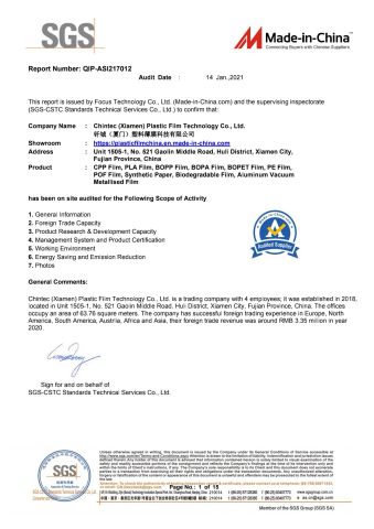 SGS Audit certificate from Chintec (Xiamen) Plastic Film Technology Co., Ltd.