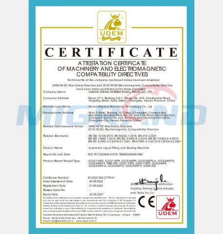 automatic liquid filling and sealing machine CE certification certificate of Hunan Migrand Machinery Technology Co., Ltd. – certificate photo, supplier certificates section