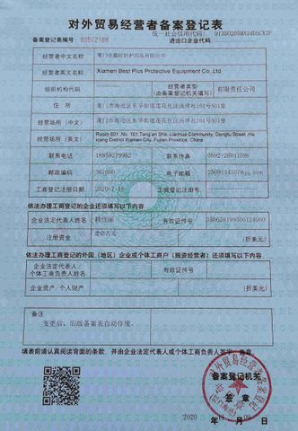 License Photo certificate from Xiamen Best Plus Protective Equipment Co., Ltd.