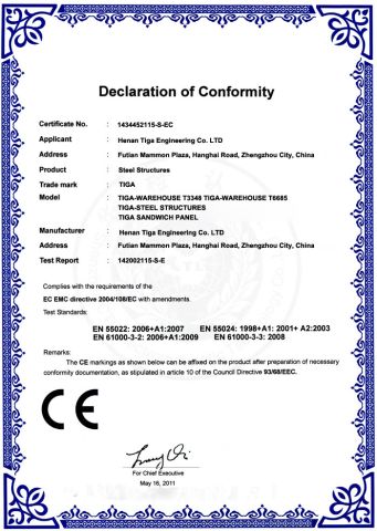 CE for Steel Structures certificate of Henan Tiga Engineering Co., Ltd. – certificate photo, supplier certificates section