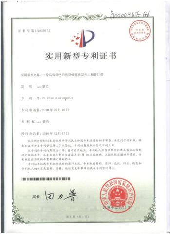 The Patent of LED Neon Flex Ligh certificate from Shenzhen Enrich Lighting Co., Ltd.