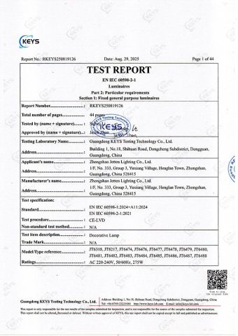 LVD Test Report certificate from Zhongshan Jetten Lighting Co., Ltd.