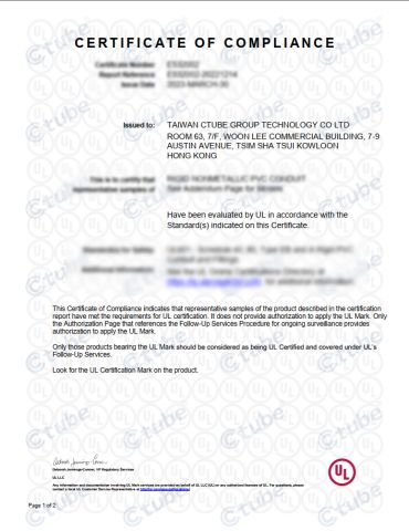 ul listed certificate from Guangdong Ctube Industry Co., Ltd.