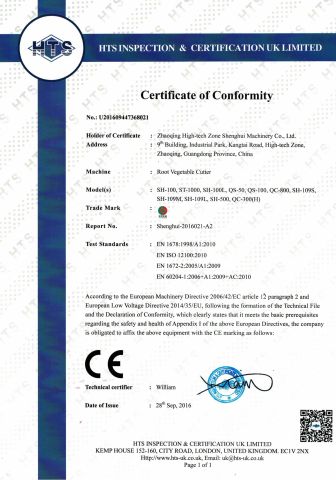 CE certificate from Guangdong Shenghui Machinery Co., Ltd