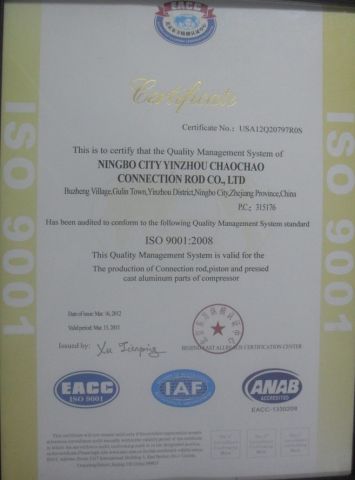 ISO9001-2000 certificate from Ningbo Haishu Yinlian Machinery Co., Ltd.
