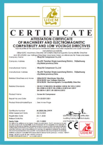 CE certificate from Muqi Air Compressor Co., Ltd.