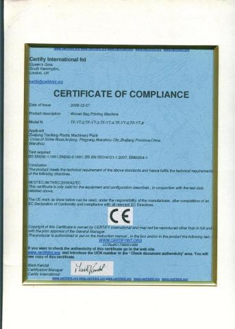 CE certificate from Zhejiang Tianfeng Plastic Machinery Co., Ltd.