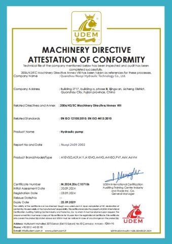 UDEM Pump certificate of Quanzhou Nuoyi Hydraulic Technology Co., Ltd. – certificate photo, supplier certificates section