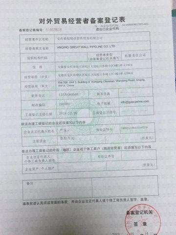 Export License certificate of ANQING GREAT WALL PIPELINE CO., LTD. – certificate photo, supplier certificates section