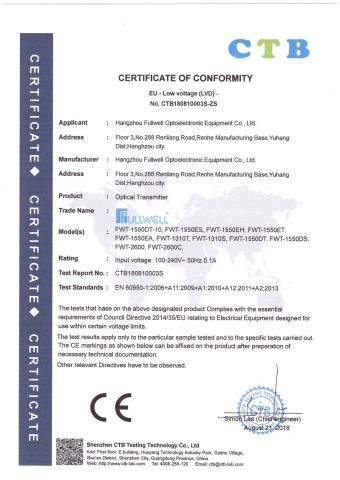 Optical Transmitte CE-LVD certificate from Hangzhou Fullwell Optoelectronic Equipment Co., Ltd.
