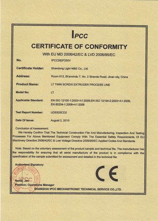 CE certificate of Shandong Light M & E Co., Ltd. – certificate photo, supplier certificates section