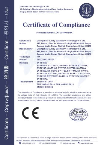 CE Certificate certificate from Guangzhou Sunrry Kitchen Equipment Co., Ltd.