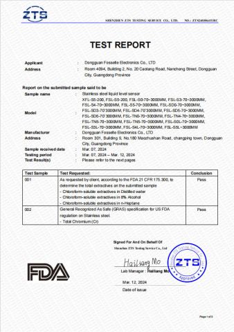 FDA Test Report certificate from Dongguan Fosselle Electronics Co., Ltd
