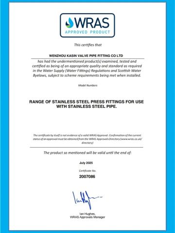 WRAS M 15-108mm certificate from Wenzhou Kasin Valve Pipe Fitting Co., Ltd.