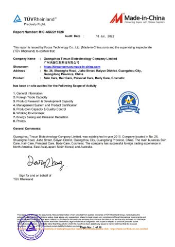TUV certificate of Guangzhou Tinsun Biotechnology Company Limited – certificate photo, supplier certificates section