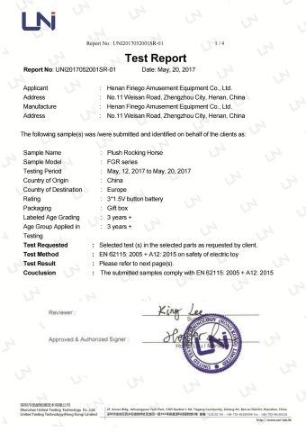 EN62115 Testing Report certificate from HENAN FINEGO INTERNATIONAL CO., LTD.