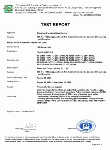 RoHS LED Grow Light certificate from Shenzhen Focus Lighting Co., Ltd.