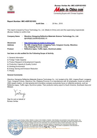 Bureau Veritas No: MIC-ASR1831053 certificate from Wenzhou Xiangying Reflective Materials Science Technology Co., Ltd.