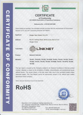RoHS certificate from Ningbo Gam Communication Equipment Co., Ltd.