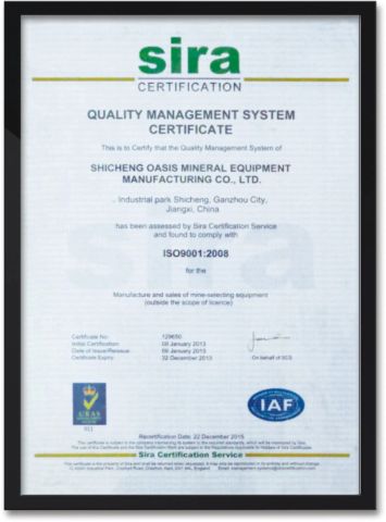 ISO9001 certificate from Shicheng Oasis Mineral Equipment Manufacturing Co., Ltd.